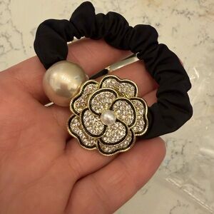 Black Flower Crystal Pearl Hair Tie Elastic